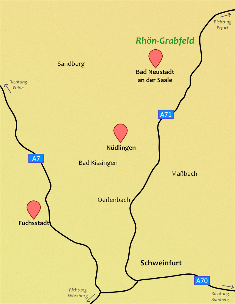 Landkarte, die die Region nördlich von Würzburg zeigt, mit drei markierten Abholstellen